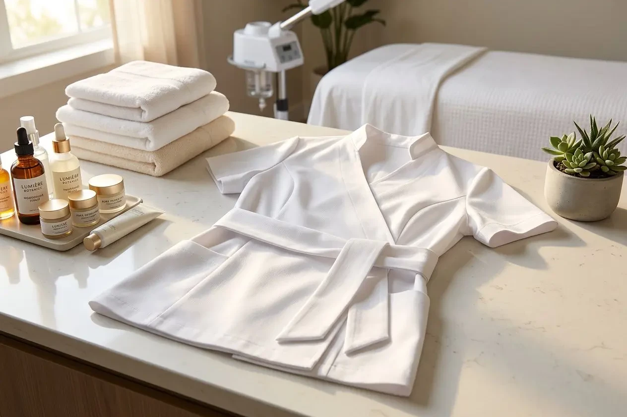 Blouse blanche d’esthéticienne pliée sur une table, entourée de serviettes, produits de soin et plantes dans un institut. quelle matière blouse institut beauté integrée naturellement.