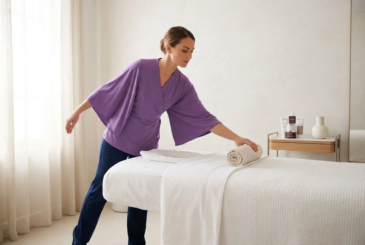 Blouse institut beauté violette fluide portée par une esthéticienne, pliant une table de massage et préparant les serviettes dans une chambre claire. Quelle matière blouse institut beauté.