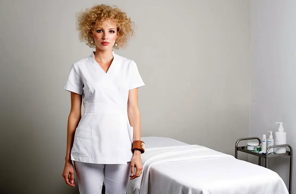 Femme portant une tenue professionnelle esthétique coiffure spa blanche, près d’un lit de soin.