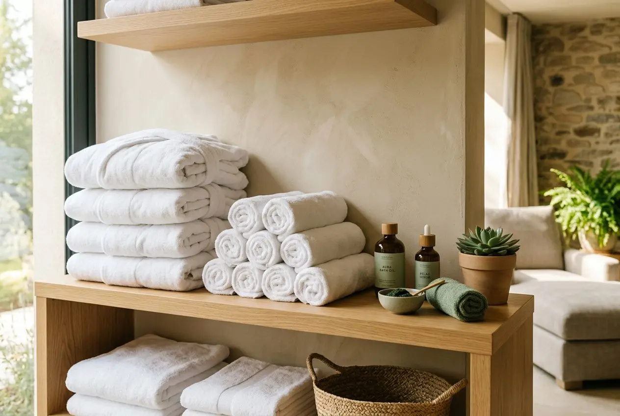 Linge éponge haut de gamme : peignoir spa professionnel et serviettes blanches soigneusement pliés sur une étagère, ambiance spa zen avec plantes.